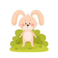 Cute cartoon rabbit. Beige rabbit standing on grass with white background.