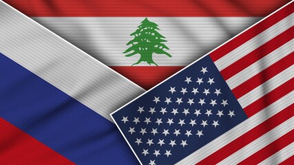 Lebanon United States of America Russia Flags Together Fabric Texture Effect Illustration