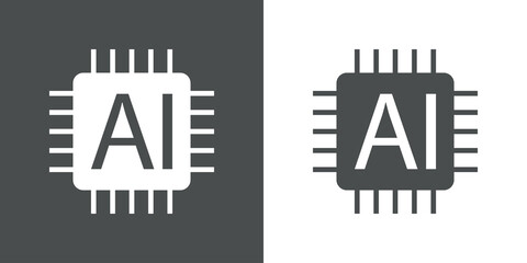 Inteligencia artificial. Icono plano procesador con circuito digital con texto AI en fondo gris y fondo blanco