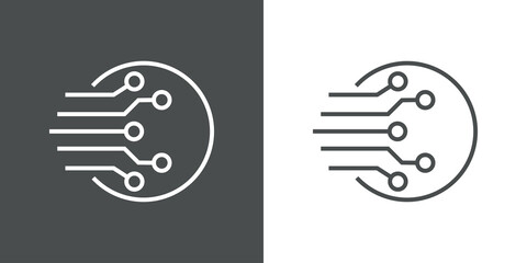 Tecnología electrónica. Logotipo con circuito digital con lineas en círculo en fondo gris y fondo blanco © teracreonte