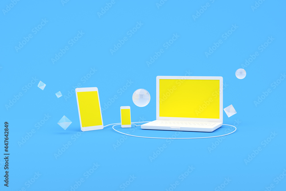 Poster 3D rendering of laptop computer and smart phone with yellow screen, Computer Software and Services concept.
