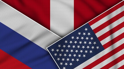 Peru United States of America Russia Flags Together Fabric Texture Effect Illustration