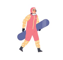 Female snowboarder walking with snowboard in hand. Person going in winter equipment and holding snow board. Flat vector illustration of woman in sporty warm outfit isolated on white background