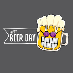 International beer day vector concept illustration or summer poster with vector funky beer character. Cartoon funny International beer day label