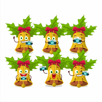 Photographer profession emoticon with jingle christmas bells cartoon character