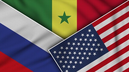 Senegal United States of America Russia Flags Together Fabric Texture Effect Illustration