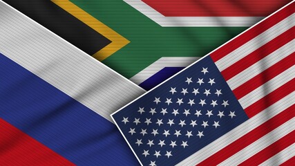 South Africa United States of America Russia Flags Together Fabric Texture Effect Illustration