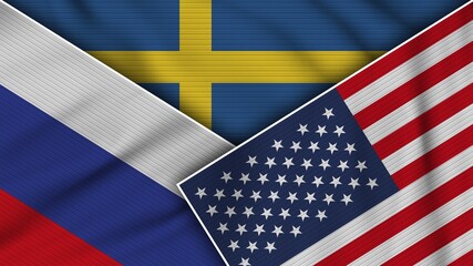 Sweden United States of America Russia Flags Together Fabric Texture Effect Illustration