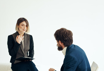 work colleagues communication office professionals team light background