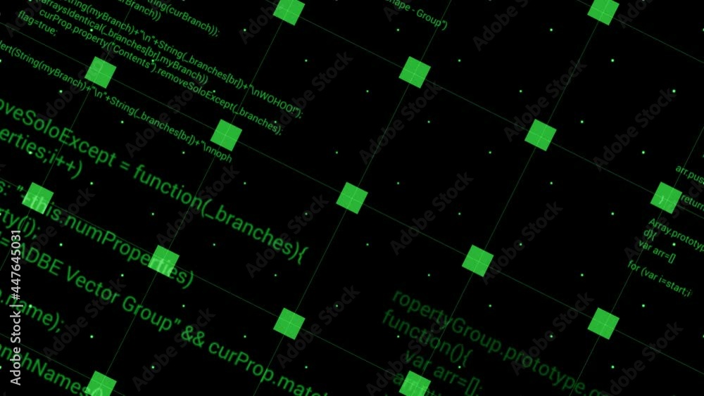 Poster rotating background with grid and program code. motion. grid with squares and written program code r