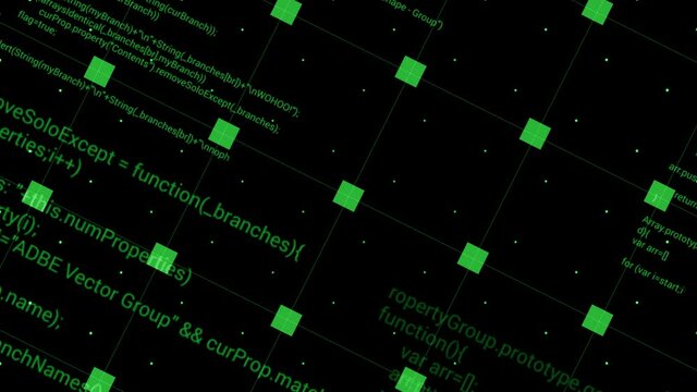 Rotating background with grid and program code. Motion. Grid with squares and written program code rotates on black background. Program codes in grid. Beautiful hacker background