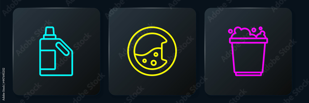 Poster set line bottle for cleaning agent, bucket with foam and washer. black square button. vector