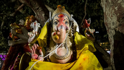 A statue of the Hindu god Ganesha on the altar near the sacred tree. Brings good luck in business