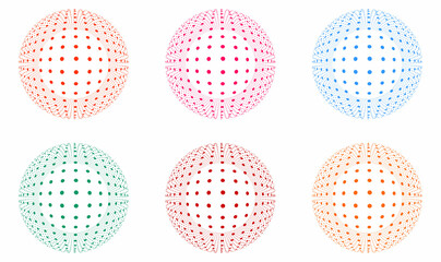 Abstract tech dot sphere, ball, globe, circle design in orange, pink, blue, green color on white background