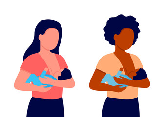 Fototapeta premium Breastfeeding, mother feeding newborn baby with breast in hands. Child boy drinks milk from the female breast. Breast feeding, happy mother day. Lactation. Vector illustration