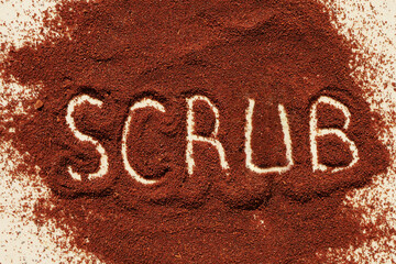 Scrub texture. Grounded coffee top view. Body care products 