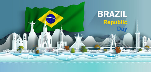 Landmark illustration anniversary celebration Brazil day with brazilian flag background.