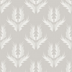 Stylized flame shape leaf seamless vector pattern background. Light ecru beige and cream white beige vintage damask retro foliage backdrop Blended linen style. Formal repeat for welllness wedding.
