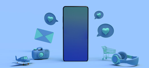 Smartphone concept with floating objects. Banner. Headphones, shopping cart, games, alarm clock, messages, email ... 3D illustration. Copy space. App.