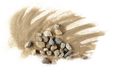 Beach sand pile with rocks isolated on white background and texture, top view