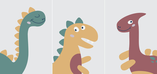 Obraz premium Set cartoon print with cute Dino. Poster, card, banner, flyer. 