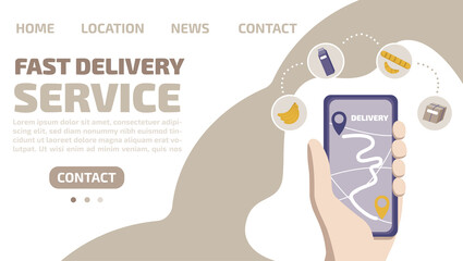 Fast delivery service by smartphone with tracker of delivery and food icon. Quarantine and virus infection prevention. Template for website, landing page. Flat vector illustration.