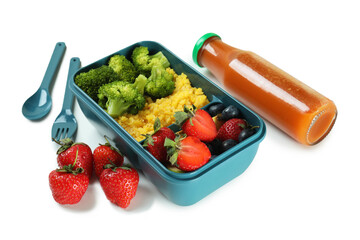 Lunch box with tasty food on white background