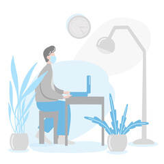 European man in in white medical face mas working with computer laptop at the office flat design. businessman man at table, character work manager vector illustration during quarantine.