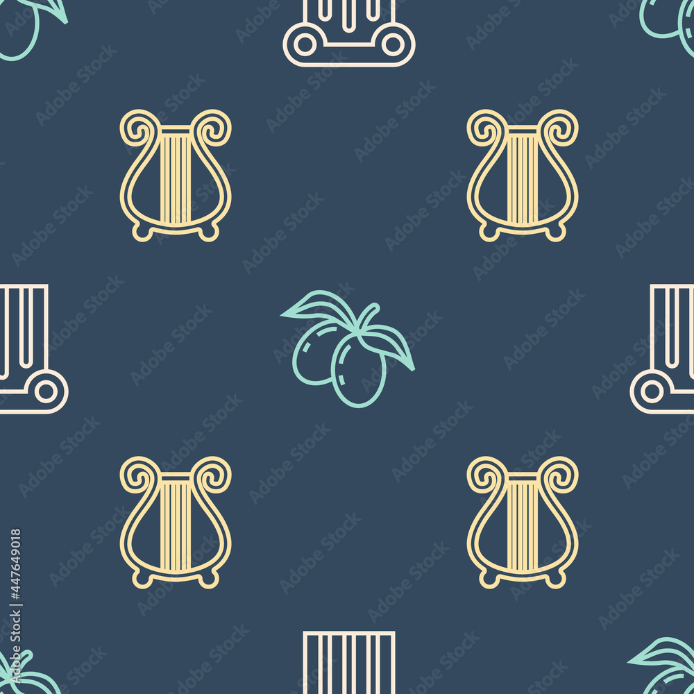 Poster Set line Ancient column, lyre and Olives branch on seamless pattern. Vector
