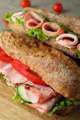 Concept of tasty eating with ciabatta sandwiches, close up