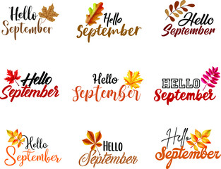 hello September beautiful typography design with autumn leaves over white background, hello September text design