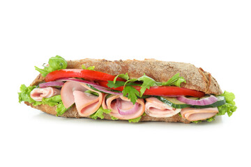 Tasty ciabatta sandwich isolated on white background
