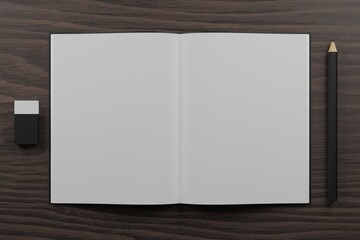 3D white opened notebook, eraser, and black pencil on wooden table. 3D rendering of stationery.