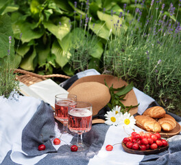 Summer picnic in lavender field.