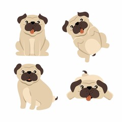 Funny pug set of 4 dogs, vector illustration in a flat style. For use on printing souvenirs, postcards and textiles.