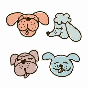Funny dogs set of 4 pieces on a white background, bulldog, beagle and poodle vector illustration in a flat style. For use on printing souvenirs, postcards and textiles.