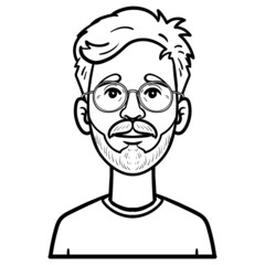 monochrome comic avatar of a young man with a full beard and glasses. outline, isolated.