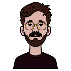 comic avatar of a young man with a beard and glasses.