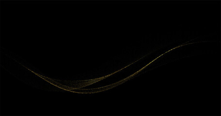 Fototapeta premium Abstract Gold Waves. Shiny golden moving lines design element with glitter effect on dark background for greeting card and disqount voucher.