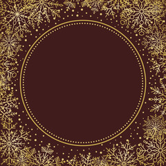 Winter vector frame with golden arabesques and snowflakes. Golden greeting card. Pattern with snowflakes