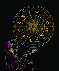 
The illustration - zodiac chart in black and gold color.