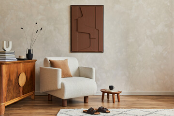 Stylish composition of modern cozy living room interior with structure painting, beige armchair,...