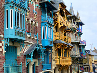 Beautiful wooden facade of old traditional house in Le Treport, France, Normandy