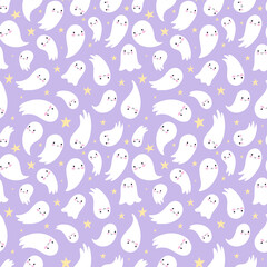 Fototapeta premium Halloween seamless pattern. Childish seamless background with cute ghosts.