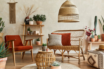 Stylish composition of cozy living room interior with copy space, lot of plants, wooden shelves, rattan sofa and boho accessories. Beige wall, carpet on the floor. Plants love concept. Template.