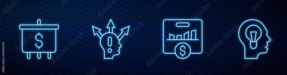 Poster set line key performance indicator, target with dollar, project team base and human lamp bulb. glowi