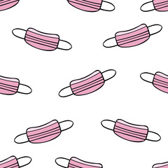 Medical face masks. Seamless vector pattern. An endlessly repeating ornament. Personal protective equipment against viral infection. Medical products on a colorless background. Idea for cover.
