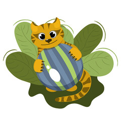 Vector illustration with a cheerful and playful tiger cub. The tiger has caught a large colored ball. Outdoor games. Nature and wild animals. Isolated on white background.