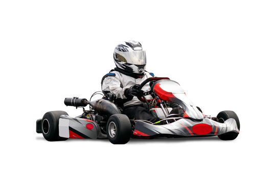 Go Kart Racer Isolated Over White Background.  Kart is Black, Grey and Red.