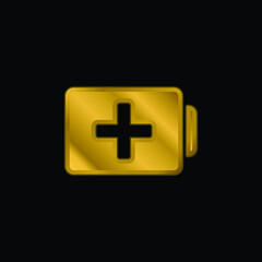 Battery With Plus Sign gold plated metalic icon or logo vector
